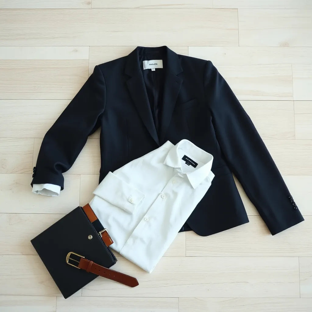 Structured stylish business blazer with visible lapels, cuffs, and tailored shirt on a neutral surface