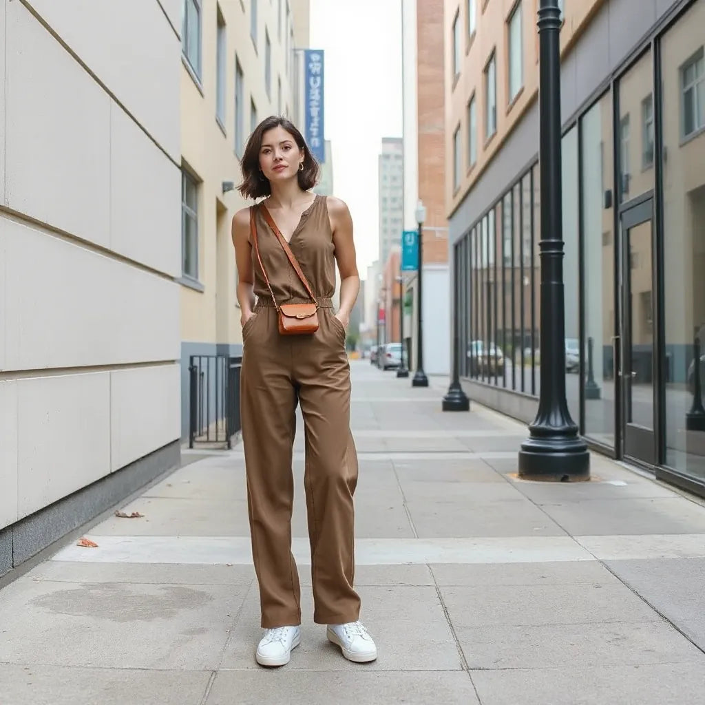 Woman in a comfortable solid jumpsuit styled for everyday errands with sneakers and a crossbody bag