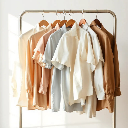 Assorted women’s blouses in different colors and fabrics arranged neatly under soft natural light