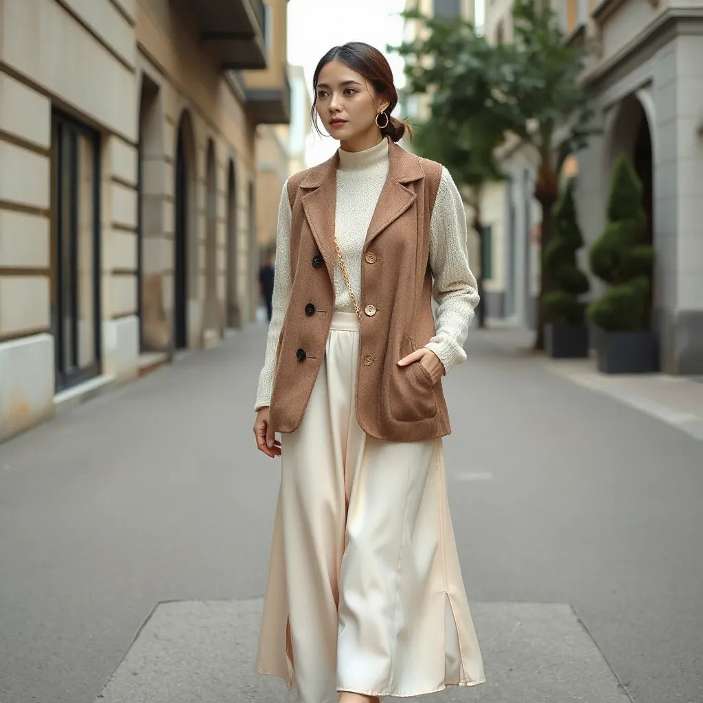 Woman styling a chic feminine midi skirt and tailored layer with delicate accessories on a street