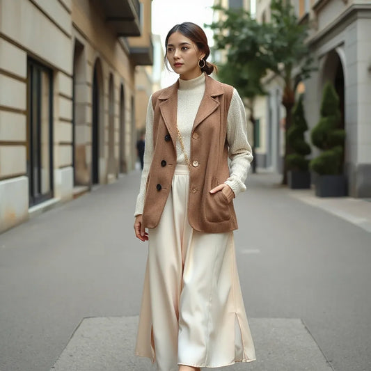 Woman styling a chic feminine midi skirt and tailored layer with delicate accessories on a street