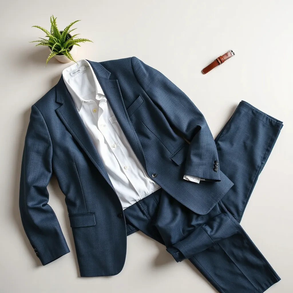 Neatly arranged tailored polyester suit with visible fabric texture and stitching