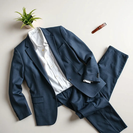 Neatly arranged tailored polyester suit with visible fabric texture and stitching