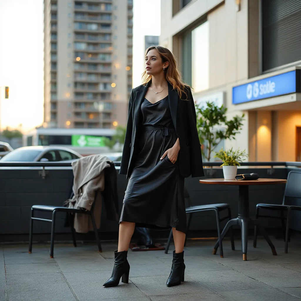 Woman styling trendy evening outfits with satin slip dress, blazer, heeled boots, and clutch at dusk