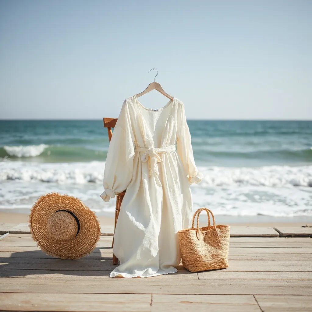 Light linen beach dress and cover-up with hat on a wooden chair near ocean waves