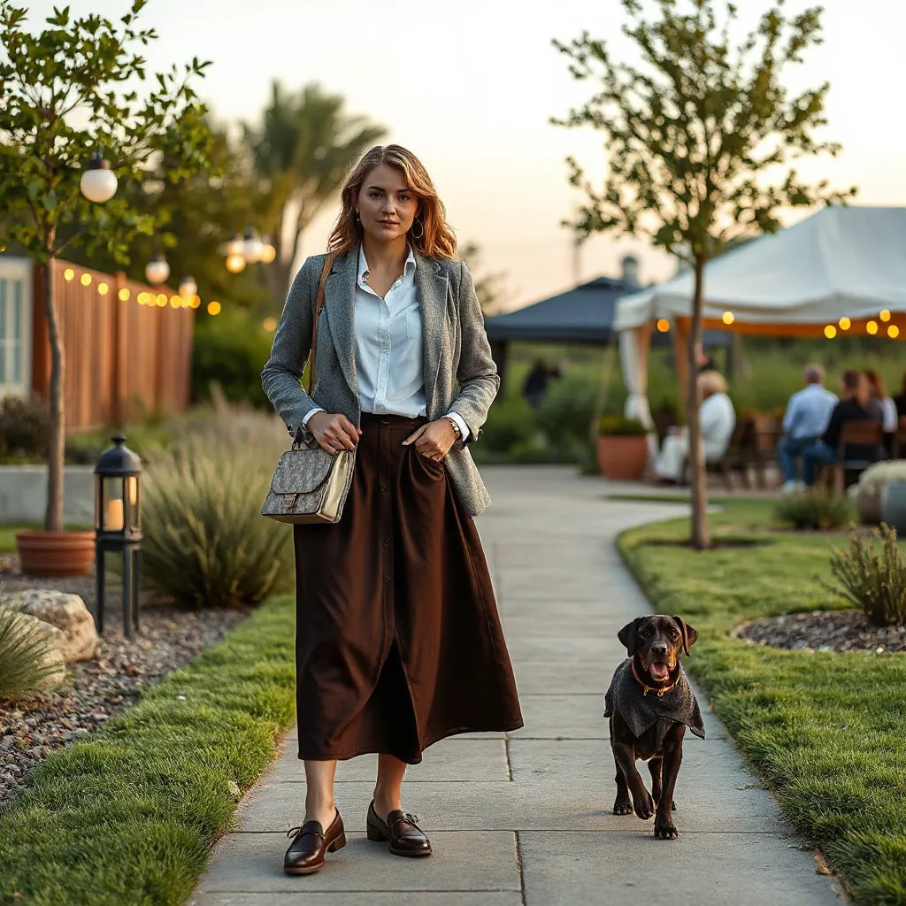Stylish couple dressed for an outdoor celebration with tailored layers and a scenic garden backdrop