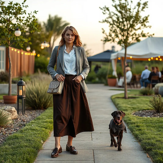 Stylish couple dressed for an outdoor celebration with tailored layers and a scenic garden backdrop