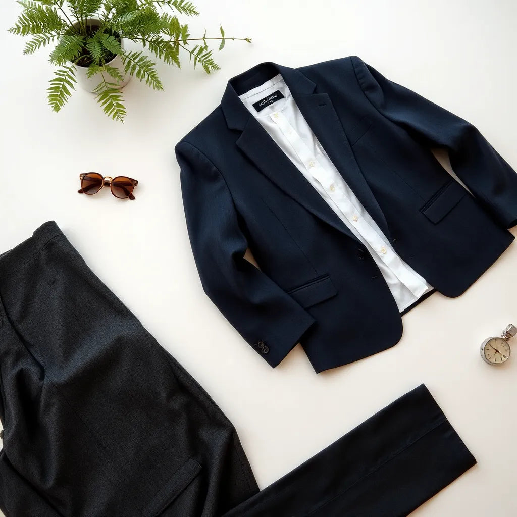 Neatly arranged navy and charcoal workwear blazers with crisp white shirt and tailored trousers