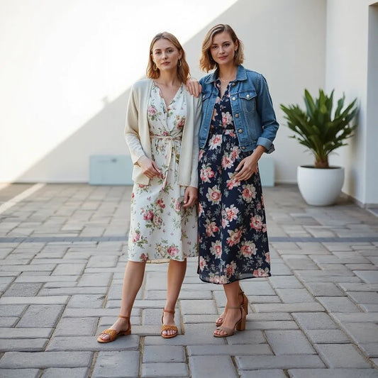 Two women wearing floral print dresses outdoors with light layering and natural greenery in the background