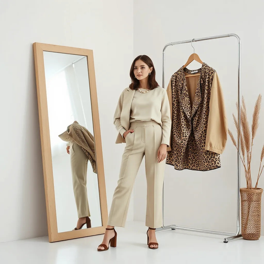 Woman styling a neutral outfit with a bold statement jacket and accessories in a bright minimal room