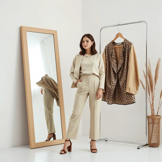 Woman styling a neutral outfit with a bold statement jacket and accessories in a bright minimal room