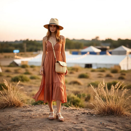 Flowing midi casual dress styled for a festival with straw hat and light accessories outdoors