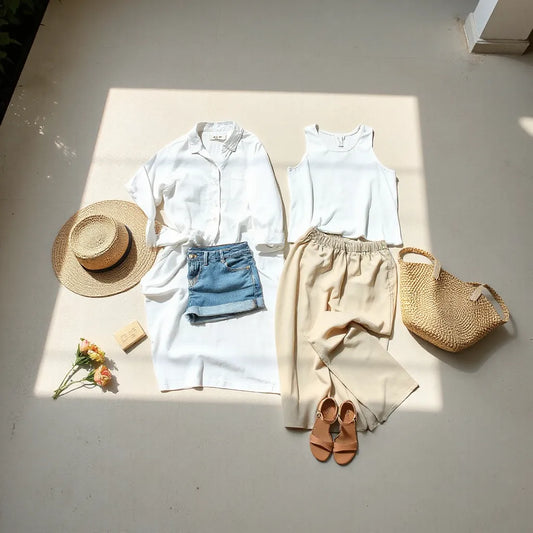 Linen shirt, midi skirt, denim shorts, and sandals arranged for casual warm-weather outfits.