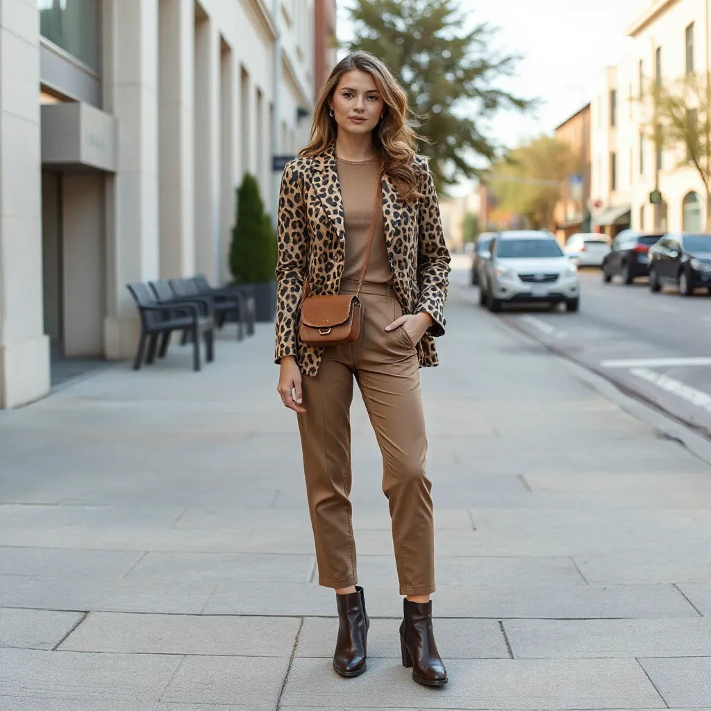 Woman in a leopard print blazer and matching outfit with neutral accessories outdoors in daylight