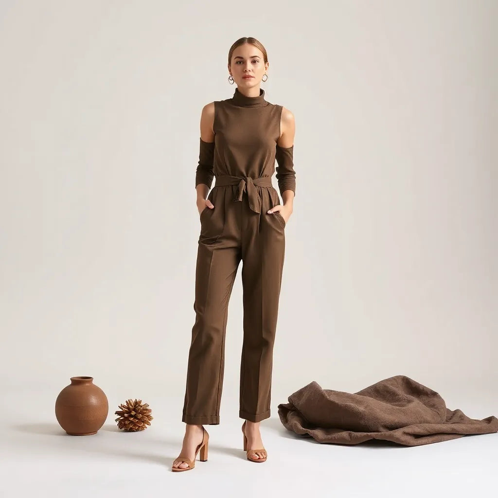 Model wearing a tailored high-neck jumpsuit against a neutral studio background