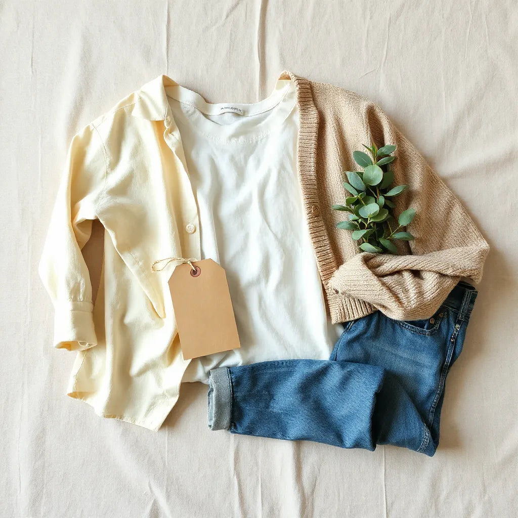 Neutrally styled sustainable clothing pieces on linen with natural fabric textures and eucalyptus sprig