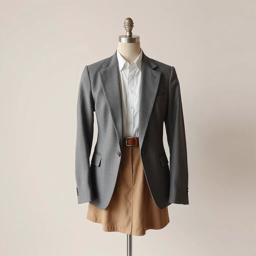 Structured shoulder pad blazer styled with a simple blouse and tailored trousers on a clean background