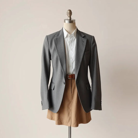 Structured shoulder pad blazer styled with a simple blouse and tailored trousers on a clean background