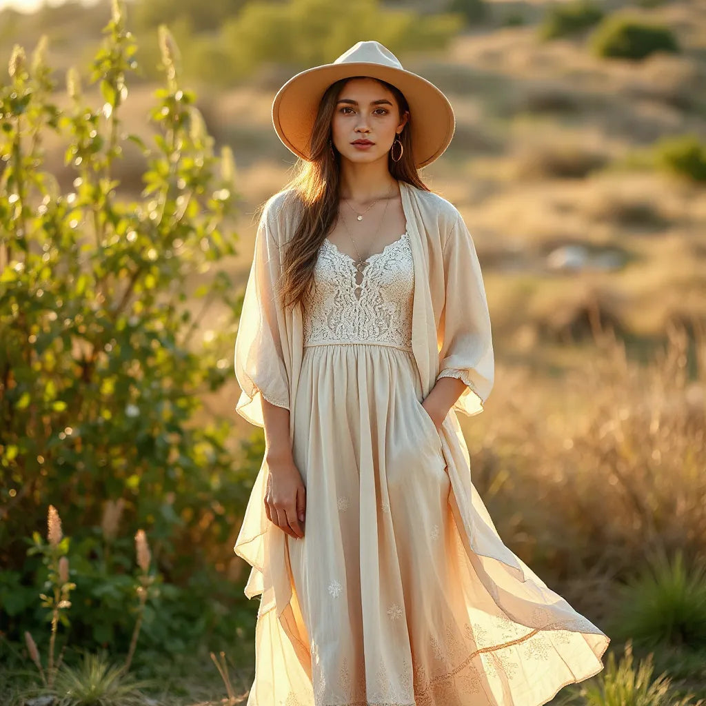 Woman wearing a flowing bohemian dress with layered accessories outdoors in warm sunlight
