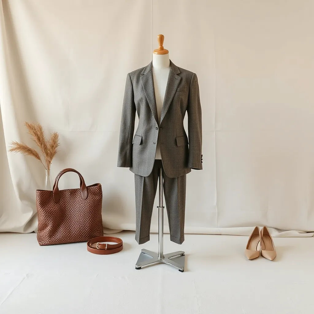 Tailored women’s formal blazer set with matching trousers styled in a clean, neutral studio setting
