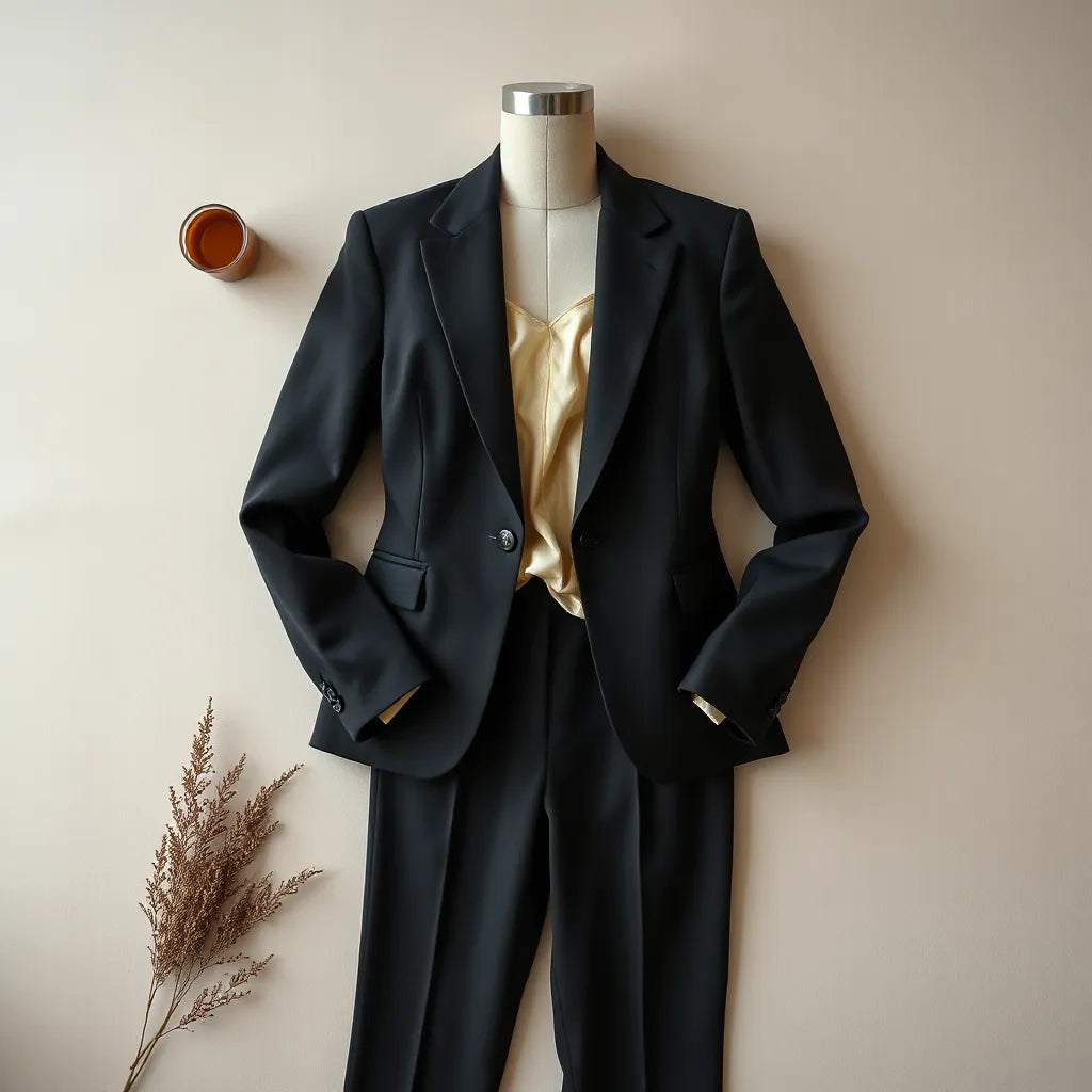 Tailored luxury ladies blazer in rich fabric with minimal outfit styling on an elegant neutral background