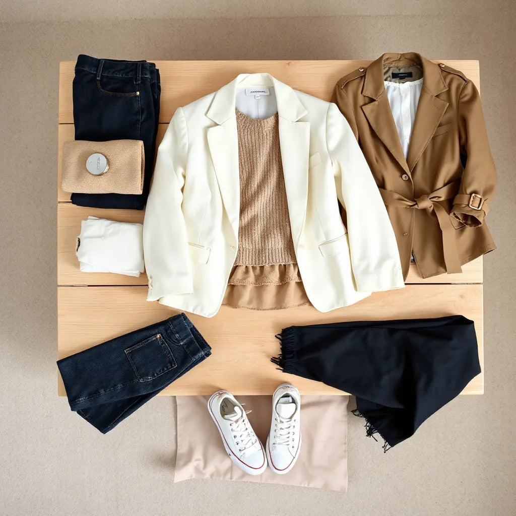 Neutrals capsule wardrobe essentials laid out for an all-season mix-and-match look
