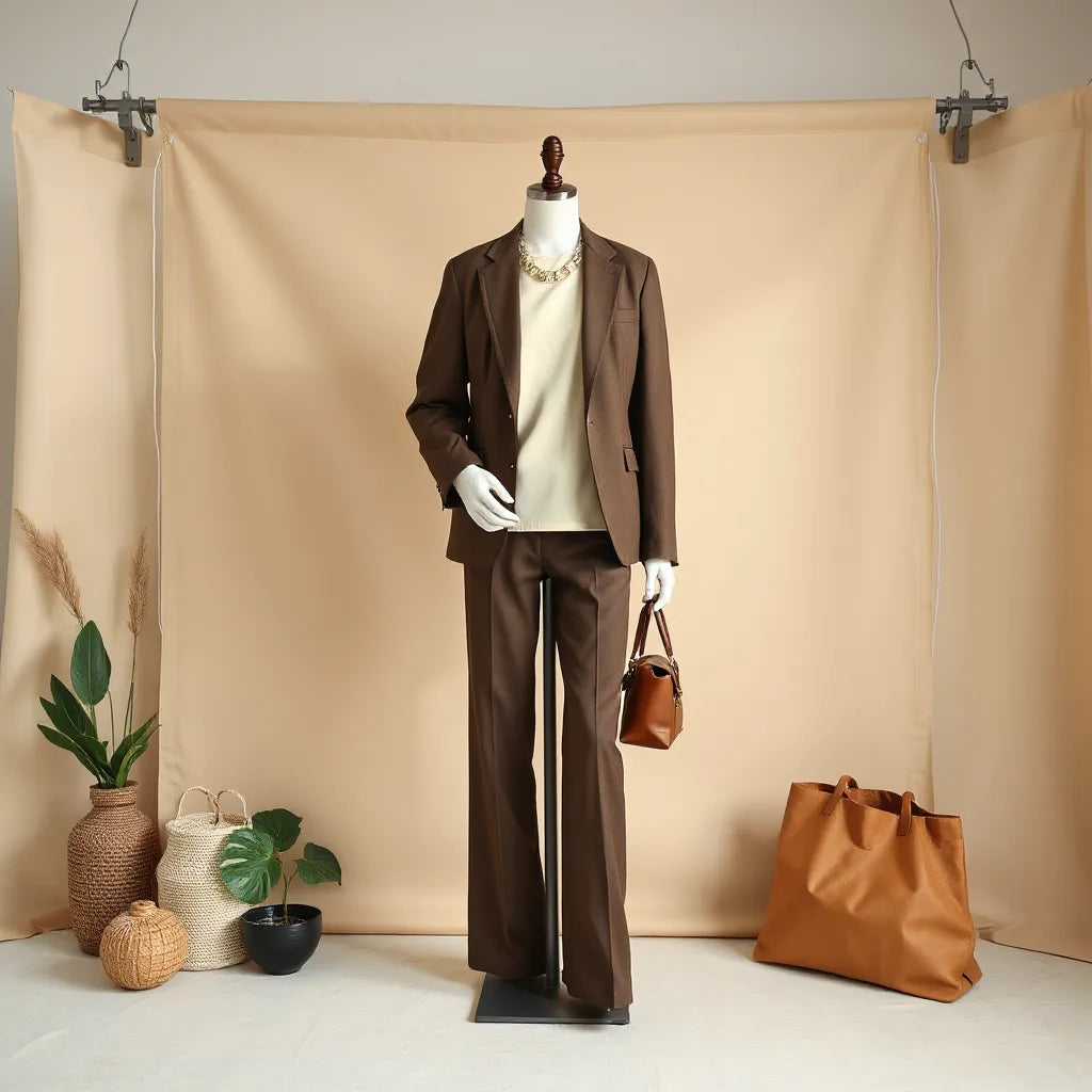 Mannequin styled in a modern, fashion-forward layered outfit with tailored trousers and statement accessories