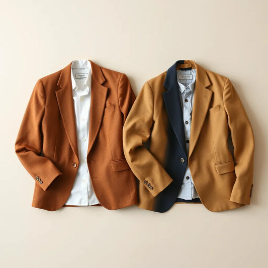 Two tailored blazers in navy and camel with lapels and buttons, styled with a white shirt on a neutral background