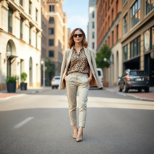 Woman in a leopard print blouse with neutral trousers and a light jacket in an urban street setting