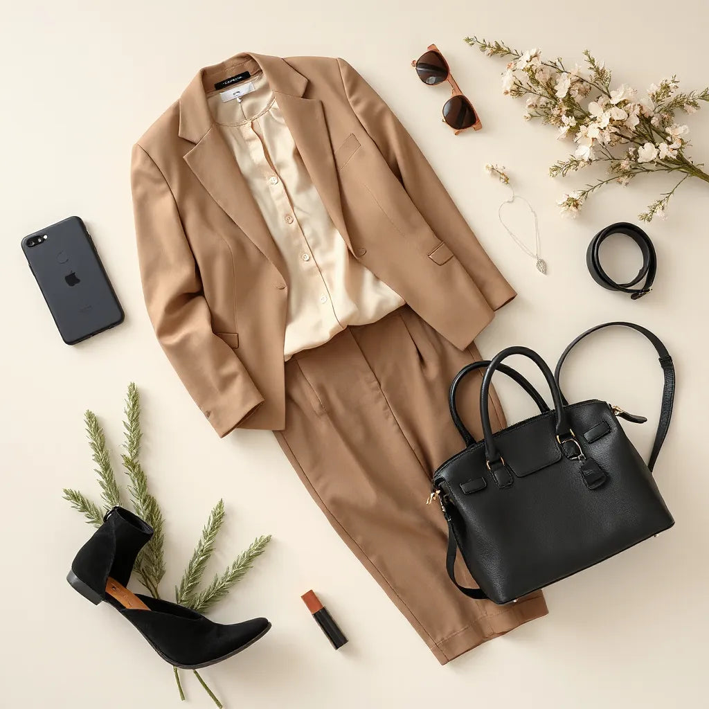 Tailored blazer, silk blouse, trousers, and elegant accessories arranged on a neutral background