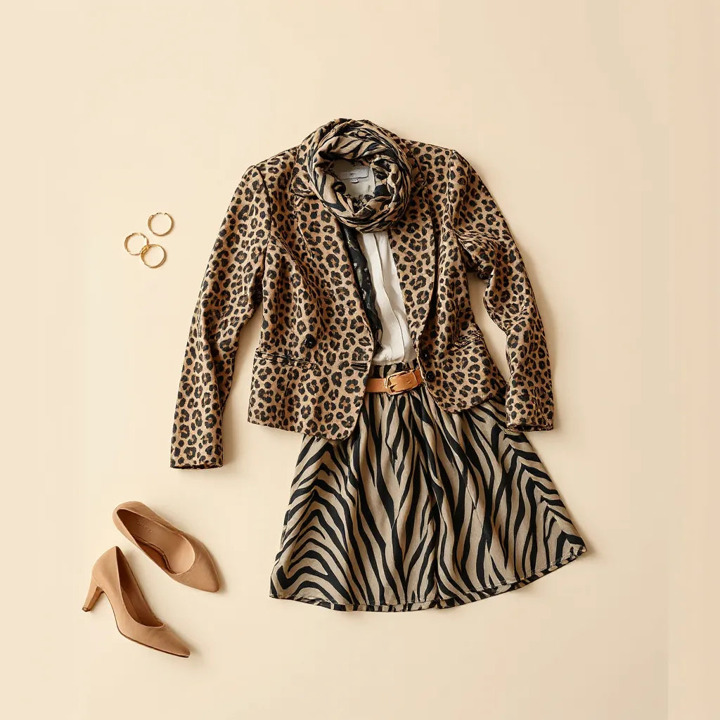 Neutrals and animal print clothing pieces arranged together with visible fabric textures and accessories