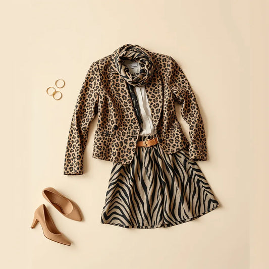 Neutrals and animal print clothing pieces arranged together with visible fabric textures and accessories