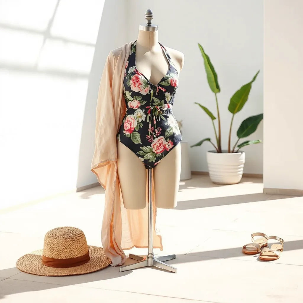 Floral print swim outfit with a lightweight cover-up and accessories on a minimal sunlit terrace