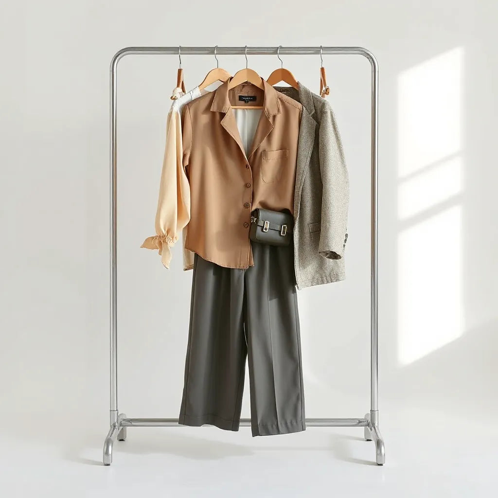 Neatly styled trendy clothing pieces and accessories on a minimal fashion setup
