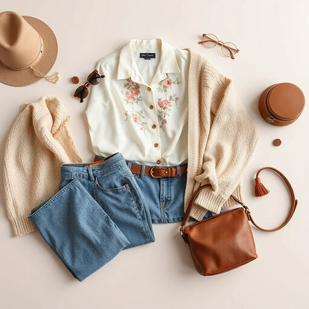 Vintage-inspired clothing and accessories styled together on a neutral background