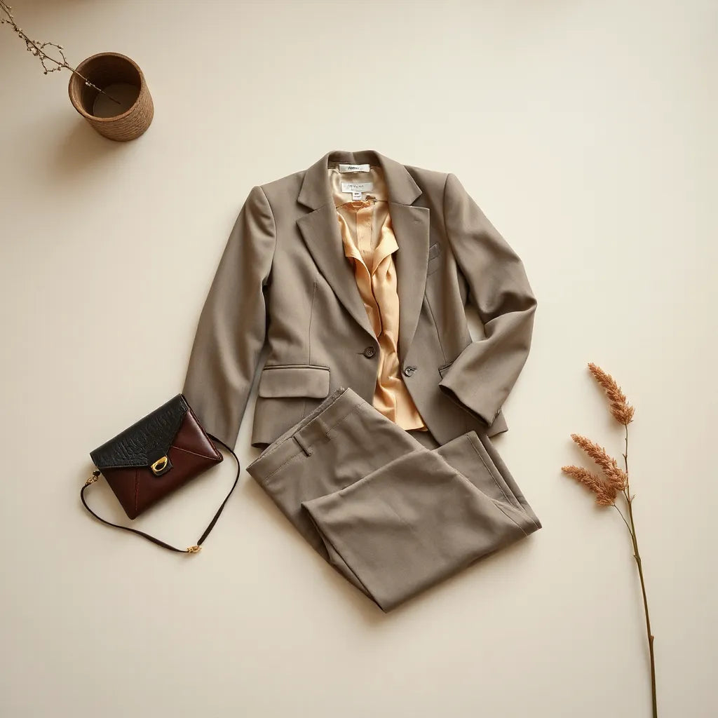 Tailored blazer set with matching pants, styled with a blouse, clutch, and subtle jewelry on a neutral background