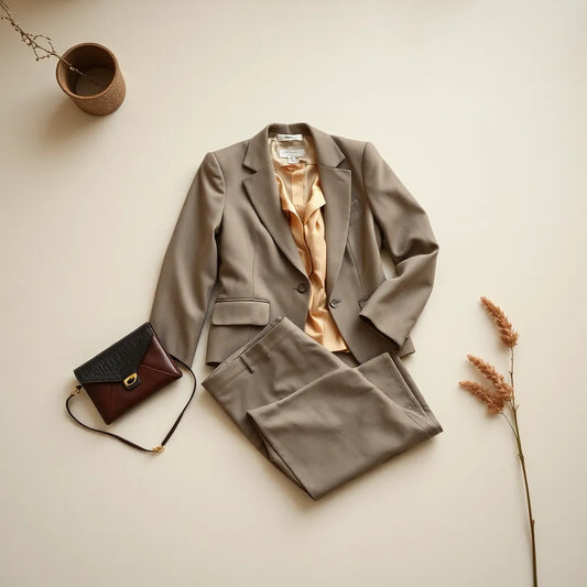 Tailored blazer set with matching pants, styled with a blouse, clutch, and subtle jewelry on a neutral background