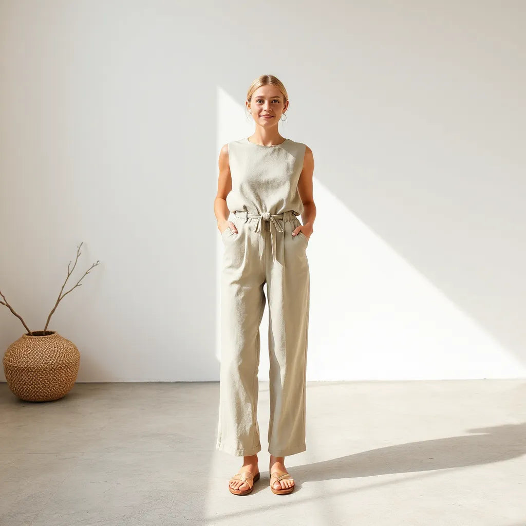 Person wearing a relaxed, comfortable jumpsuit in soft natural light with simple accessories