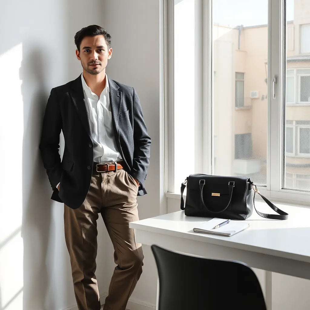 Tailored blazer and trousers outfit in a bright office with a structured handbag and minimalist desk