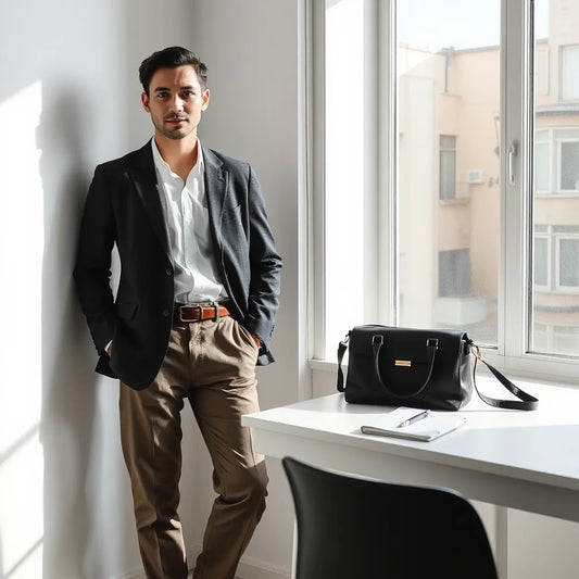 Tailored blazer and trousers outfit in a bright office with a structured handbag and minimalist desk