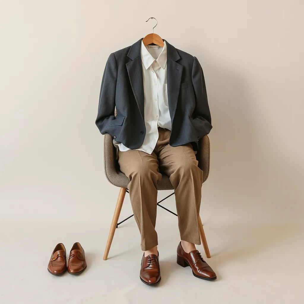 Neutral-toned multi-purpose blazer styled with blouse, trousers, and shoes on a minimal chair