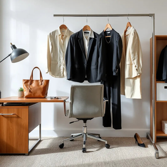 Tailored blazer, blouse, trousers, and skirt styled for a polished office look on a chair