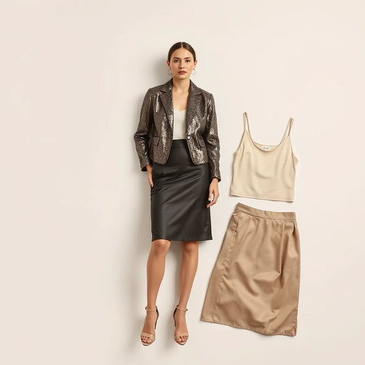 Model styled in a sequin jacket and skirt with a coordinated sequin top outfit on a neutral background