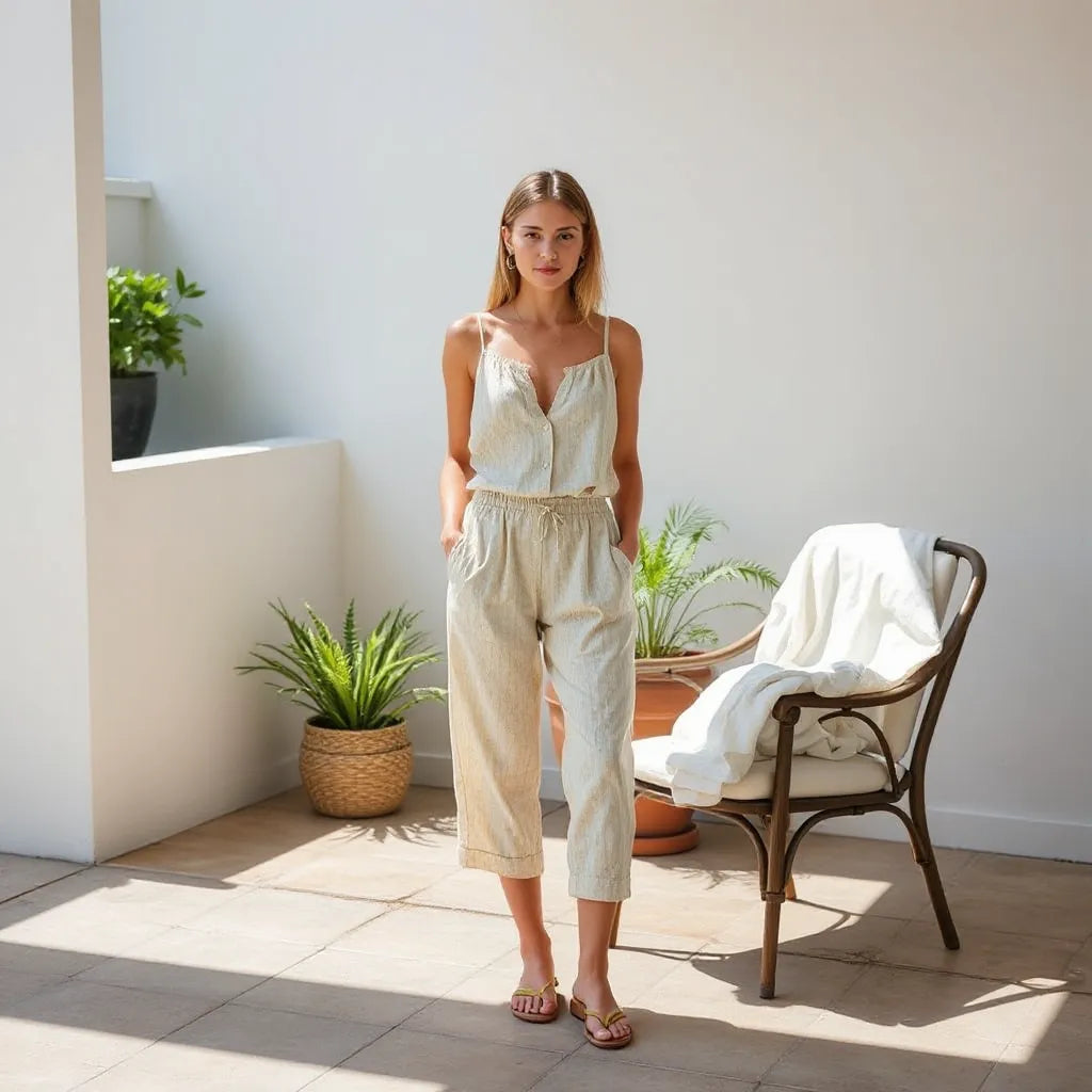 Model in a matching two-piece summer set on a sunlit patio with a second coordinated set nearby