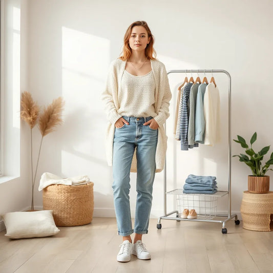 Woman wearing relaxed jeans, a knit top, and a cardigan with comfortable sneakers in natural daylight