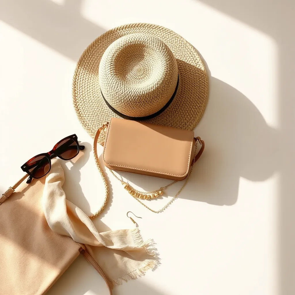 Sunlit flat-lay of a straw hat, sunglasses, crossbody bag, and delicate gold jewelry for summer outfits