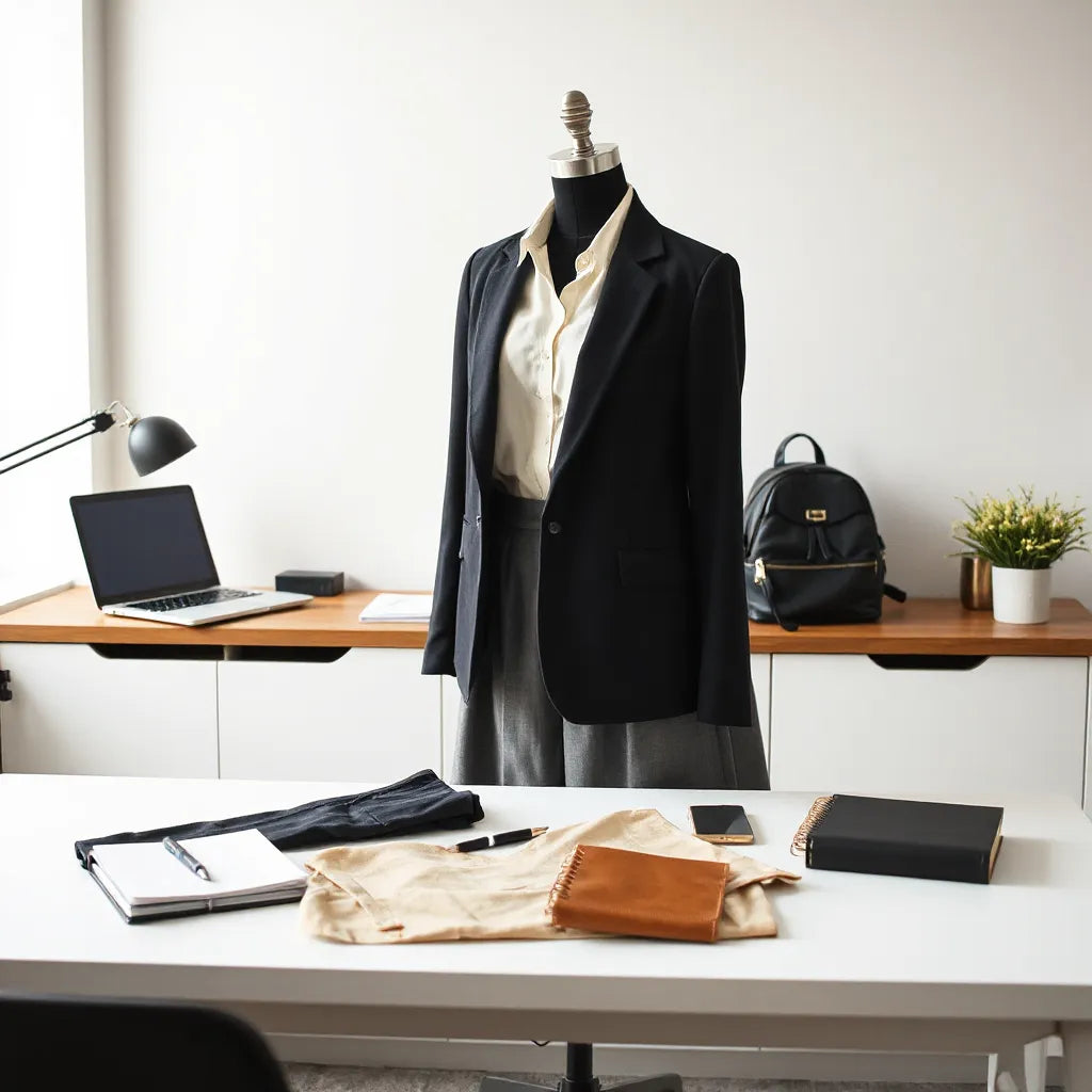 Tailored blazer and elegant trousers styled on a modern office desk with soft natural light