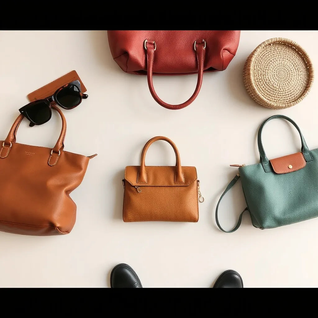 Assorted handbags in coordinated styles and colors on a neutral surface with minimal accessories
