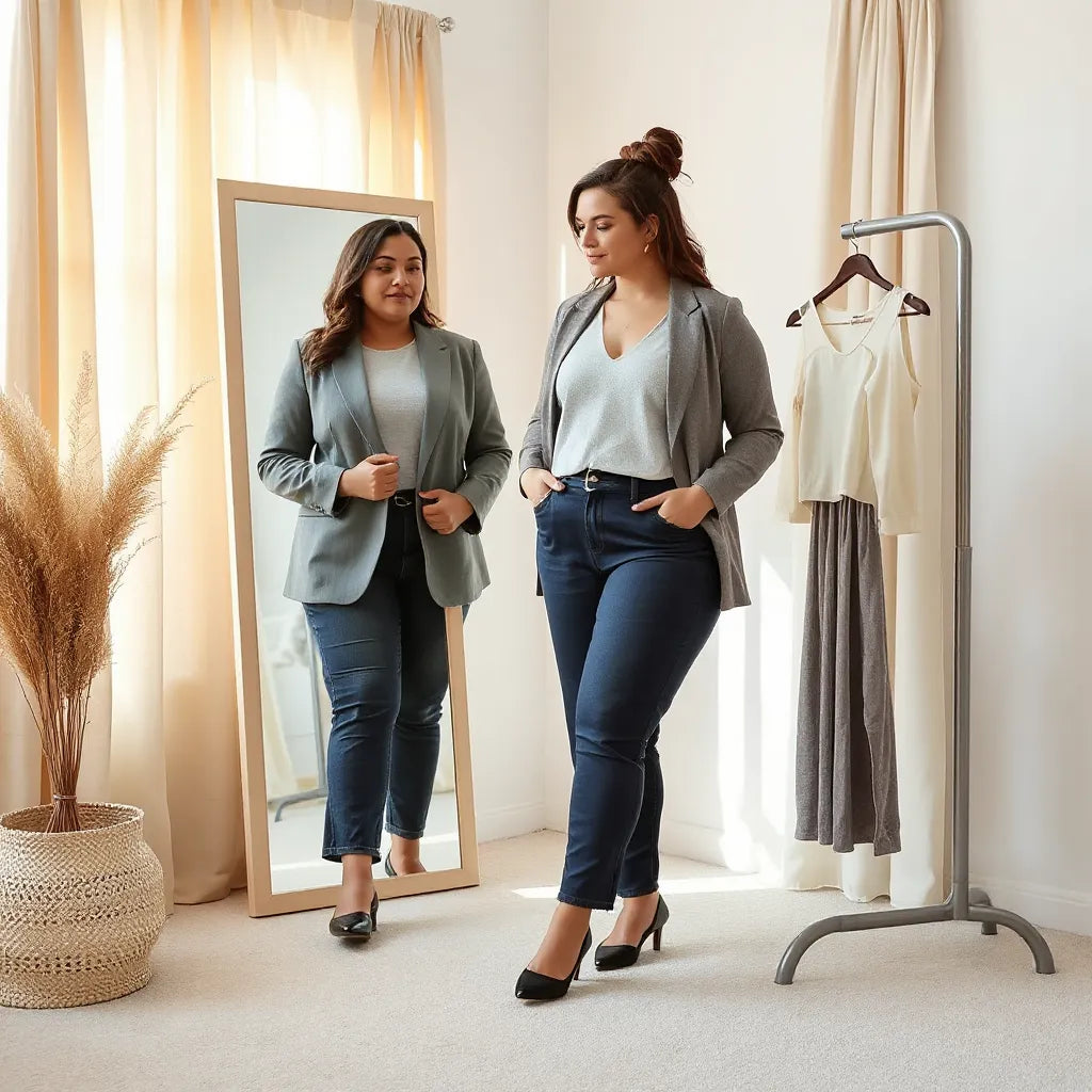 Plus size woman trying on coordinated outfits in a bright dressing room with a clothing rack nearby