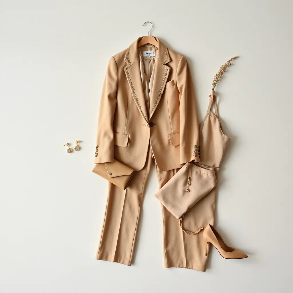 Tailored embellished blazer with matching trousers laid out with a coordinated blouse and refined accessories